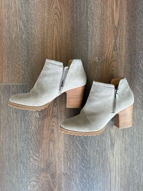 Lucky Brand Grey Suede Side-Zip Ankle Heeled Booties